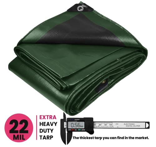 Extreme Heavy Duty 22 Mil Tarp Cover, Waterproof, UV Resistant, Rip and Tear Proof, Poly Tarpaulin with Reinforced Edges for Roof, Camping, Patio, Pool, Boat. (Green/Black 6′ X 8′) - color: Green/Black-22 Mil, size: 6′ X 8′