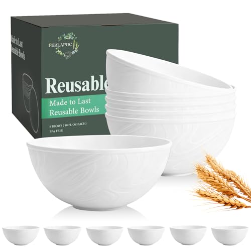 Wheat Straw Cereal Bowls 40 OZ, Unbreakable Bowls Set of 6, Microwave & Dishwasher Safe Bowl for Kitchen, Reusable Plastic Bowl for Cereal, Soup, Salad and Ramen, White - color: White, size: 40 Oz