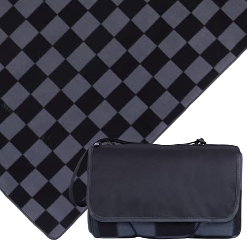 Picnic TIME Outdoor Picnic Blanket Tote, 59"x51" Foldable Beach & Camping Blanket with Soft Fleece, Water-Resistant Bottom, Adjustable Strap & Zippered Pocket (Black Checkers) - color: Black Checkers