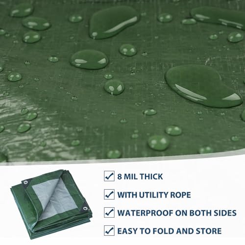 Tarp Waterproof 10x10 Multi-Purpose Green Camping Tarps 8Mil Thick with Reinforced Grommets for Under Pool, Emergency Rain Cover Outdoor - size: 10×10 Ft