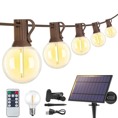 Larkvue 25FT Solar String Lights Outdoor with Remote, Waterproof Dimmable 3 Modes Patio Lights with 10+1 LED Shatterproof G40 Bulbs for Wedding-Brown - color: Brown