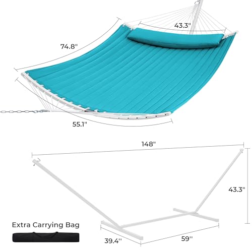 SUPERJARE Hammock with Stand, 2 Person Heavy Duty Hammock with Padded Cotton, Detachable Pillow & Strong Curved-Bar & Portable Carrying Bag, Perfect for Outdoor & Indoor, Sky Blue - color: Sky Blue