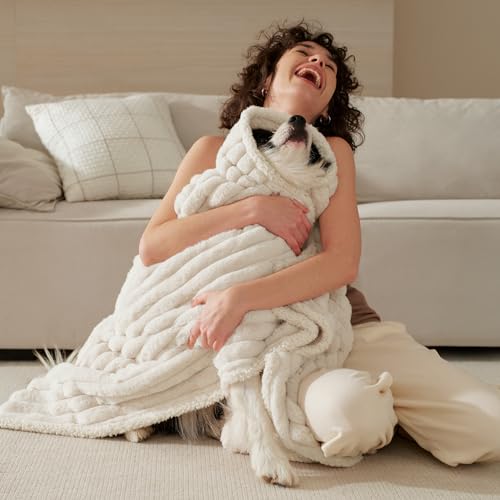 Bedsure ComfyFleece™ Waterproof Dog Blankets for Large Dogs - Soft Pet Cat Blanket Corduroy Fleece for Couch Bed Protector Washable, Cozy Calming Reversible Furniture Protection,50"x60", Cream - color: Cream, size: XL(50x60")-1pc