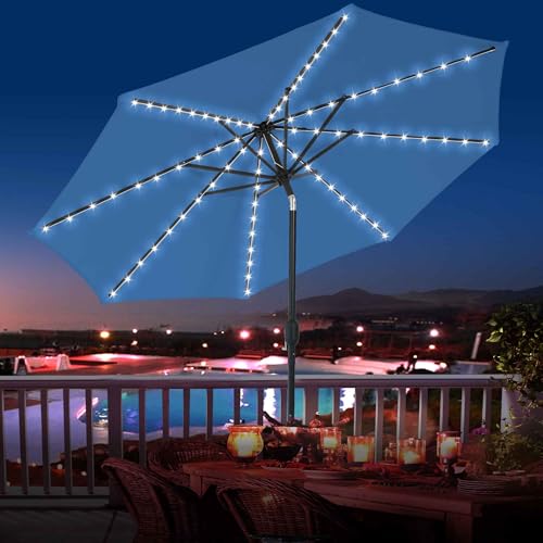 Sundale Outdoor Olefin 5-Year-Non-Fading Solar 80 LED 9 FT Solar Patio Umbrella with Sand Bag Base, Outdoor Umbrella with Tilt and Crank, Navy - color: Navy Blue, size: 9FT