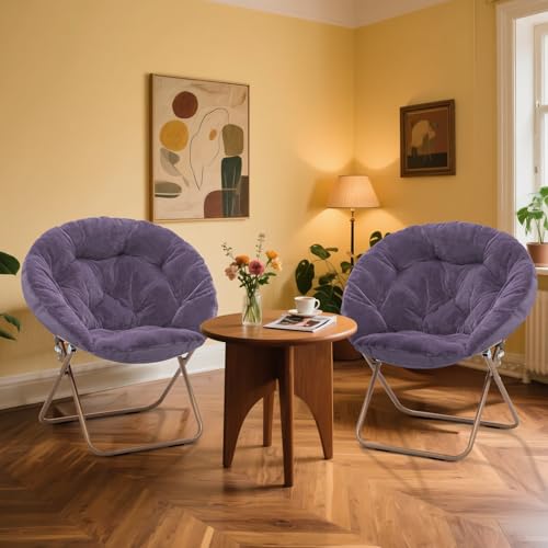 MoNiBloom Round Folding Faux Fur Saucer Chair for Bedroom Living Room Dorm Foldable Metal Frame Oversized Large Comfy Furry Padded Soft Lounge Lazy Cozy Moon Chair for Adults (Purple, 2 Pieces) - color: Purple