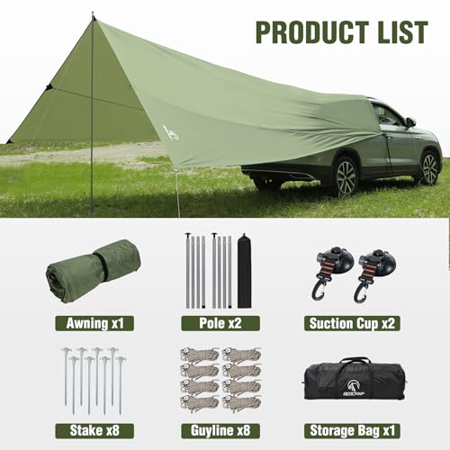 REDCAMP Large 19ft x17ft Car Awning for SUV with 2 Tarp Poles & 2 Suction Cup Hooks, Waterproof UV Protection Sun Shade Vehicle Awning Shelter Tarp for Camping, Truck, Van, Tailgate Canopy