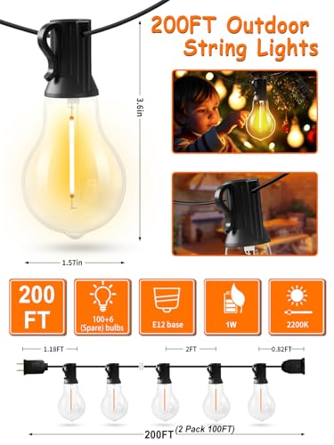 200FT Outdoor Lights with 106 Shatterproof Bulbs(6 Spare), IP45 Waterproof Outside String Lights, Patio String Lights Hanging for Party, Yard, Porch, Bistro, 2200K Adjustable Warm White Light - color: Black, size: 200FT