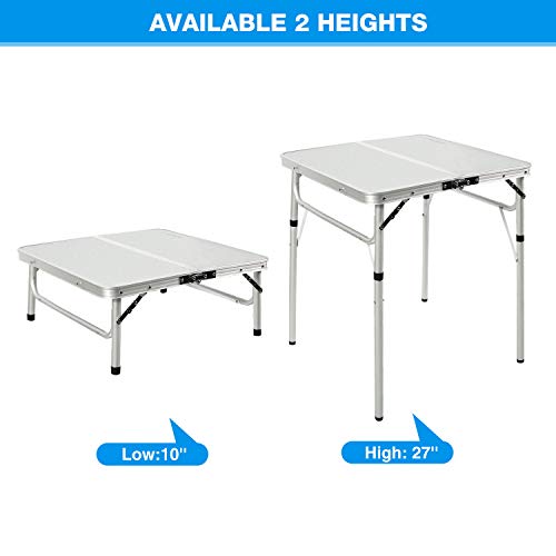 REDCAMP Small Square Folding Table 2 Foot Adjustable Height, Portable Aluminum Camping Table Lightweight for Picnic Beach Outdoor Indoor, White 24 x 24 inch - size: 24''L x 24''W(2 heights10"/27")