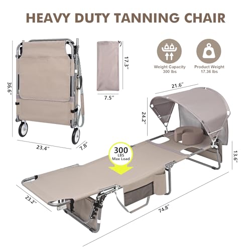 Wheel-To-Go Tanning Chair with Wheels Sun Canopy Umbrella Face Hole Thicker Washable Adjustable, Heavy Duty Folding Lay Flat Sun Lounge Chair Beach Outside Sunbathing Reading, UPF 50+ (Patent Design) - color: Beige, style: Standard Size + Sun Canopy Style