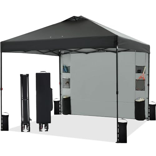 Tunbne 10'x10' Pop Up Canopy Tent with 1 Sidewall and 6 Pockets, One Push Setup, Instant Shade Tent with Vented Roof for Beach Patio Outdoor, Case, 8 Stakes, 4 Ropes, 4 Sandbags (Black, 10x10) - color: Black, size: 10x10