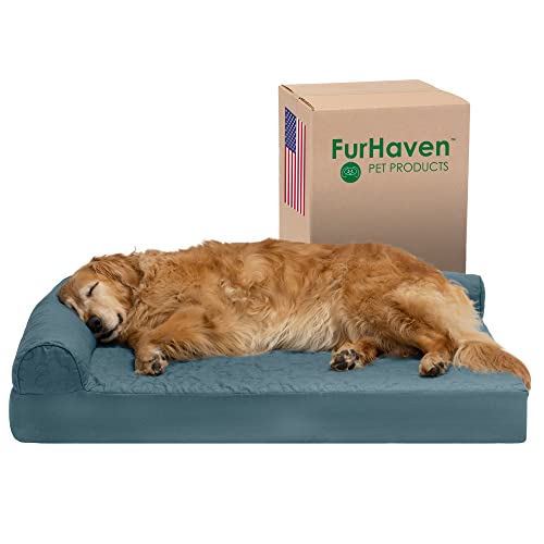 Furhaven Cooling Gel Dog Bed for Large Dogs w/ Removable Bolsters & Washable Cover, For Dogs Up to 95 lbs - Pinsonic Quilted Paw L Shaped Chaise - Bluestone, Jumbo/XL - color: (Quilted Paw) Bluestone, size: Jumbo