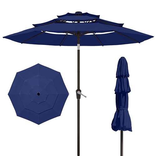 10FT Patio Umbrella 3 Tiers Outdoor Market Umbrella w/Push Button Tilt, Crank, UV and Waterproof Table Umbrella for Garden, Pool, Backyard, Deck, Lawn, Navy Blue - color: Navy Blue