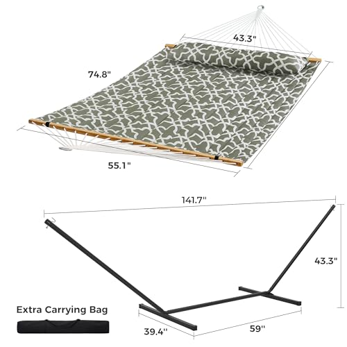 SUPERJARE Hammock with Stand, 2 Person Quilted Outdoor Hammock, Detachable Pillow & Bamboo Spreaders, Portable with Carrying Bag, Heavy Duty Stand, Perfect for Outside, Patio, Grey with White Flower - color: Grey With White Flower, size: 55.1"W × 74.8''D