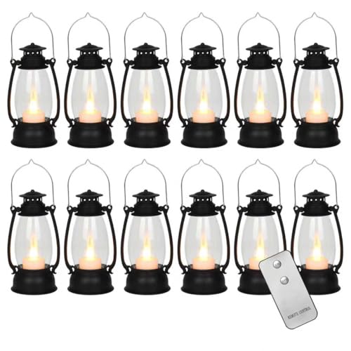12PCS Black Mini Lanterns with Remote Control, 5.1" H/13cm (6.7" H with Handle) Vintage LED Lantern Decorative - Christmas Table Centerpieces, Western Party Decorations & Camping Party Decor - color: Black