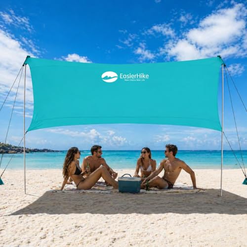 EasierHike Beach Shade Tent, 7 × 7.15 Ft Portable Easy Pop Up Beach Canopy, UPF50+ Sun Protection Shelter, Windproof & Water Resistant, Stable with 4 Sandbags & Windproof Cords, Perfect for Family - color: Turquoise, size: 7x7.15 FT 2 Poles