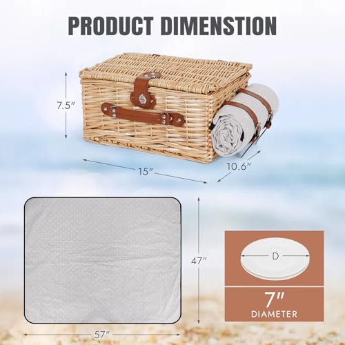 HappyPicnic Picnic Basket Set for 2 - Wicker Picnic Basket with Waterproof Blanket & Insulated Liner, Large Handmade Willow Hamper with Cutlery Kit for Outdoor, Picnic, Camping, Holidays (Flower) - color: White Flower