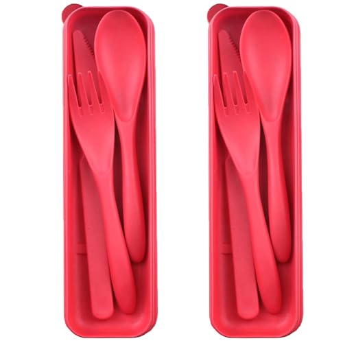 Reusable Travel Utensils Set with Case, 2 Sets Wheat Straw Portable Plastic Fork Spoons Knife Cutlery, Camping Eco-Friendly BPA Free Tableware for Kids Adults Work Picnic or Daily Use (Red) - color: 2 Red
