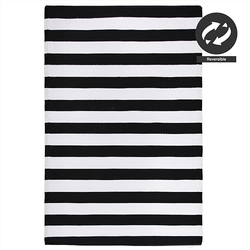 FH Home Outdoor Rug - Waterproof, Fade Resistant, Reversible - Premium Recycled Plastic - Striped - Large Patio, Deck, Sunroom, Camping, RV - Brittany Stripe - Black & White Crease Free - 5 x 8 ft - color: Brittany - Black & White, size: 5' x 8' (Rectangu