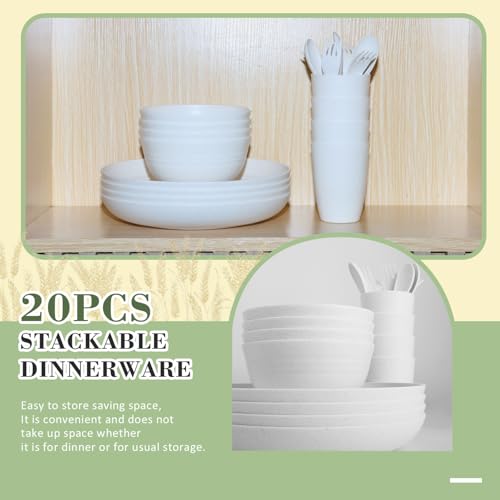 Wrova Wheat Straw Dinnerware Sets with Flatwares,20-piece Dishwasher Safe Kitchen Plates and Bowls Set,Unbreakable Modern Dish Set Apartment Essentials and Dorm Essentials.(White) - color: White, size: 20 Pack