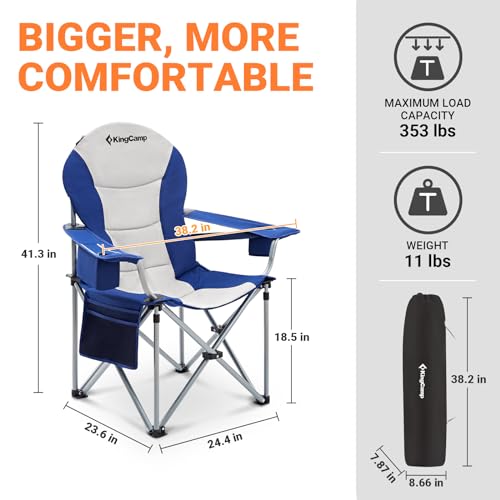 KingCamp Oversized Camping Folding Chair with Lumbar Support, Heavy Duty Ergonomic Padded Arm Chair with Cooler Bag, Cup Holder, Portable for Outdoor - color: Navy/Grey