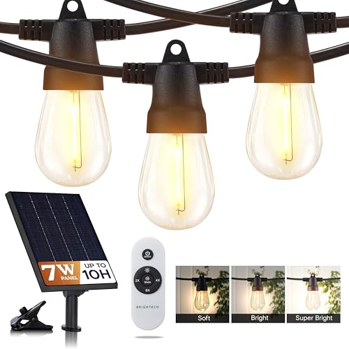 Brightech Solar String Lights with 48 Hanging Edison Bulbs and Brightness Controls with Remote 7W-104 3000K - style: Super Bright (7W) Remote Control 104 FT