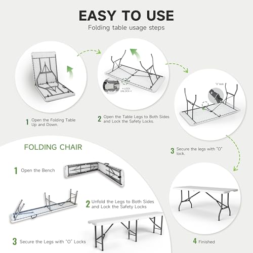 6FT Folding Table Set with 2 Folding Benches, Heavy Duty HDPE Materials, Locking Safety Design, 3-Piece Portable Folding Furniture for Camping, Picnic, Party, Indoor & Outdoor, White