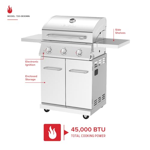 Nexgrill Stainless Steel 3-Burner Propane Gas Grill w/Foldable Side Shelves, 40,500BTUS, 591.05 sq. in. Cooking Area, Perfect for Outdoor Cooking & Grilling, BBQs, Backyard, Tailgating, 720-0830MN - style: 3-Burner