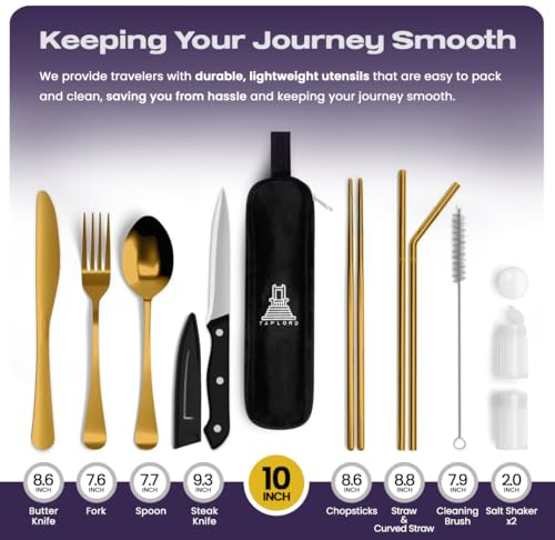 Taplord Portable Travel Silverware Set With Case, Includes 10 Pcs of Travel Utensils With Case, Stainless Steel Flatware Set For Camping, Lightweight (Gold) - color: Gold, size: 10 Pieces