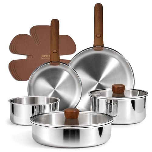 CAROTE 13 PCS Tri-Ply Stainless Steel Cookware Set with Detachable Handle, Pots and Pans Set, Induction Kitchen Cooking Sets, RV/Camping Cookware, Oven Safe - color: Silver, size: 13 PCS