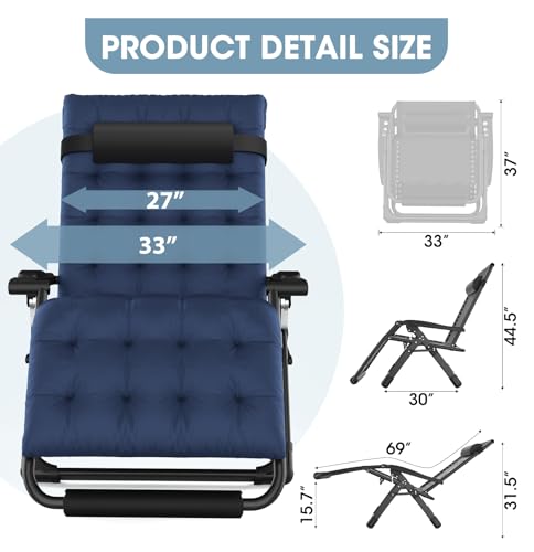 Oversized Zero Gravity Chair, XXL Lounge Chair 33” Width, Padded Recliner Chair W/Removable Cushion & Adj Headrest, Storage Bag, Footrest Cushion, Cup Holder, for Indoor Outdoor - color: 33in - Blue