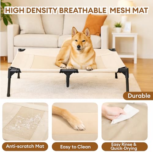 FUNNY FUZZY Elevated Cooling Dog Bed with Canopy(30"x24"x7"), Khaki, Outdoor Raised Dog Cot with Shade, Cooling Breathable Mesh Pet Bed, Portable Waterproof Dog Camping Bed for Large Medium Small Dogs - color: Khaki, size: Medium
