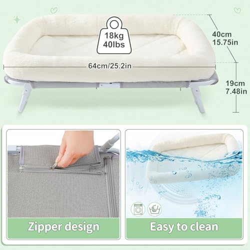 Sunhoo Elevated Cat Bed Foldable Raised Pet Hammock Self-Supporting Puppy Lounger with Off Floor Metal Frame Washable Cover for Small Dog Kitten Indoor Use 25.2x15.75x7.48 in (White) - color: White