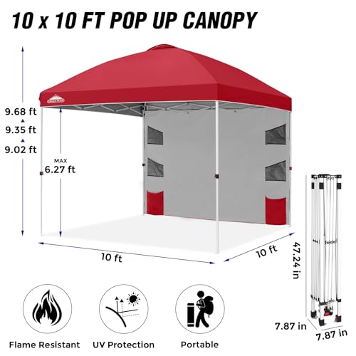 EAGLE PEAK Commercial Canopy 10x10 with Sidewall Storage, Easy OnePerson Setup Pop Up Canopy Tent with Roller Bag, Stakes, Ropes, and Weight Bags, Red - color: Red