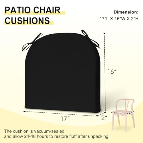 downluxe Outdoor Chair Cushions Set of 2 for Patio Furniture, Water-Resistant Patio Chair Cushions with Ties, High Density Foam Outdoor Seat Cushion, 17" X 16" X 2", Black - color: Black, size: 17x16x2 Inch (Pack of 2)