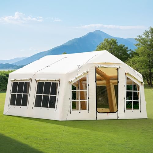 KNUO Inflatable Camping Tent, Large Blow-Up Air Tent, No Assembly Needed Luxury Glamping House, Oxford Fabric - color: Light Beige-Dual-layer Doors, size: 12x12ft
