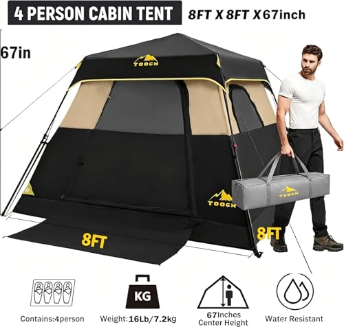 3/4 Person Camping Tent with 1 Door, 4 Windows, and Upgraded Ventilation– Instant Setup, Waterproof, 8'x 8'x 67''Oxford Fabric Floor Pop Up in 60 Seconds Includes Rainfly and Backpack - color: 4 Person Black