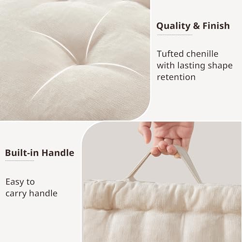 Intelligent Design Large Floor Pillow for Adults Yoga or Meditation Cushion with Handle, Floor Cushion for Board Games, Lustrous Chenille Tufted, Handsewn Scalloped Edge, Azza, 24" x 24" x 5" Ivory - color: Square Ivory With Handle, size: 24"W x 24"L x 5"