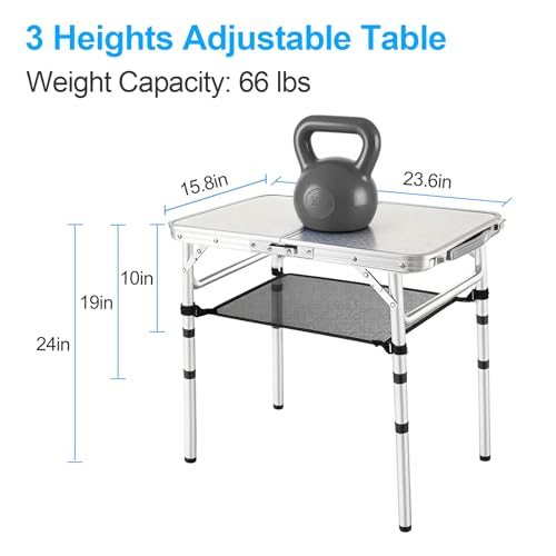 YUFIFAIRY Small Folding Camping Table, 2ft Portable Table with 3 Adjustable Heights, Aluminum Lightweight Foldable Picnic Table with Mesh Layer and Extension Legs for RV, BBQ and Indoor (Silver) - color: Silver
