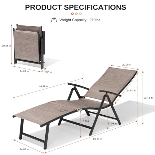 Crestlive Products Folding Patio Chaise Lounge Chair Outdoor, Aluminum Adjustable Outdoor Pool Recliner Chair, Assemble-Free, 8 Positions - color: Espresso, size: 1 Pcs