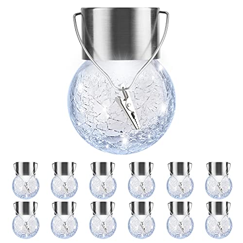 PARTPHONER 12 Pack Hanging Solar Lights Outdoor, Waterproof Solar Globe Lantern with Handle and Clip, Decorative Cracked Glass Ball Lights for Christmas Decor, Tree, Yard, Garden, Patio (Cold White) - color: Cold White, size: 12