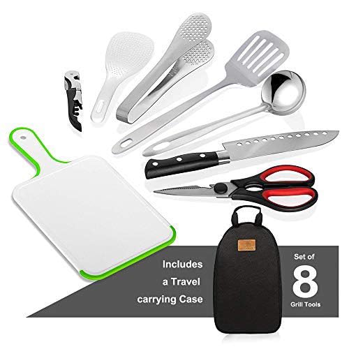 Camp Kitchen Utensil Organizer Travel Set Portable BBQ Camping Cookware Stainless Steel Utensils Travel Kit Outdoor Equipment Cutting Board Tongs Scissors Knife Ladle Spatula - color: Black