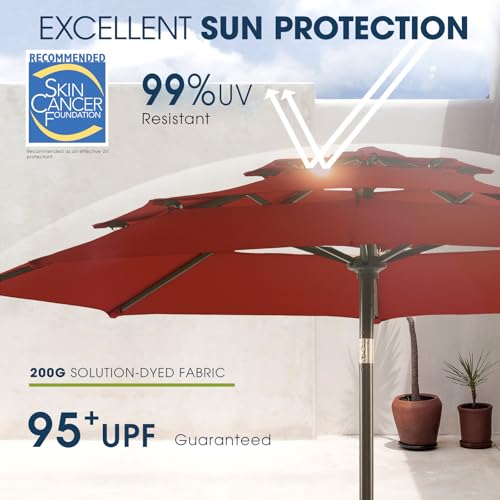 wikiwiki 9ft 3-Tier Patio Umbrella Outdoor Table Market Umbrella for Patio with Push Button Tilt/Crank, Fade Resistant Waterproof POLYESTER Canopy for Garden, Lawn, Deck, Backyard & Pool, Red - color: Red, size: 9 FT
