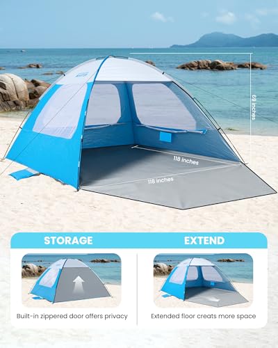 OutdoorMaster Beach Tent for 3/4/6/8 Person - Easy Setup Sun Shade Shelter, Portable Beach Shade Sun Canopy with UPF 50+ UV Protection, Removable Skylight Family Size - color: Icy Blue, size: 8 Person