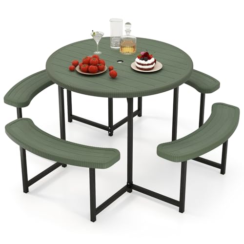 Giantex Picnic Table Bench Set for 4-8 Person, Round 37” Outdoor Dining Table w/Umbrella Hole, HDPE Tabletop, Metal Frame, Patio Furniture Set for Backyard Porch Lawn, 1400lb Capacity (Green,Round) - color: Green, size: Round-37"x37"x29"
