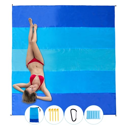 Beach Blanket with Pillow Sandproof Waterproof Extra Large Beach Mat Lightweight Compact Quick Drying with 4 Stakes&4 Corner Pockets 79"*83" for 1-4 Adults for Camping Picnic Travel Hiking - color: 5-blue Stripe, size: 79"*83"
