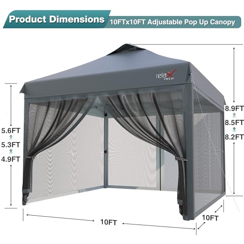 10x10 Pop Up Canopy Tent with Mosquito Netting, Outdoor Portable Screen Tent for Yard, Party, Camping and Picnic, 3 Height Positions, Patio Gazebo with Roller Bag and 4 Sandbags - color: Gray