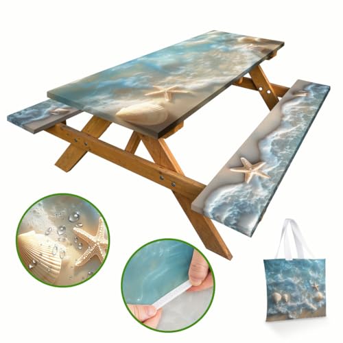 Sea Beach Picnic Table Cover with Bench Covers and Carrying Bag, Seashells Ocean Waves Tropical Hawai Rectangle Table Cover, Outdoor Patio Camping Essentials 6FT 4PCS, Camping Fitted Tablecloth