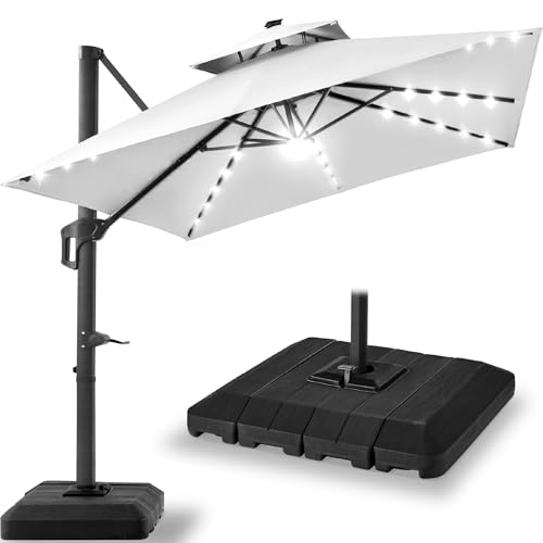 Best Choice Products 9x12ft LED Cantilever Patio Umbrella w/Base Included & 360° Rotation, Large Solar Offset Hanging Outdoor Sun Shade for Deck, Backyard Table w/Stand & Lights – Fog Gray - color: Fog Gray, size: 9x12ft