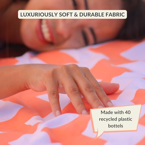 Plush Microfiber Beach Blanket, Large Beach Mat for 1-4 Persons, Sandproof, Windproof | Hole for Umbrella, Corner Sand Pockets to Fight Wind (Bag for Blanket Included) - color: Peach & Chevron, size: Large