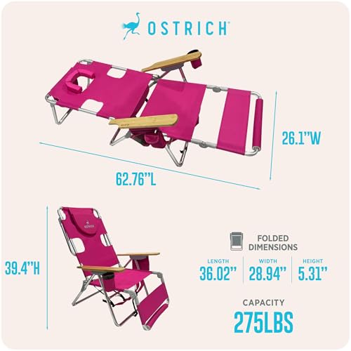 Ostrich the Woody Backpack 3N1 Portable Chair with Cooler Bag and Reclining Lounger for Tanning, Camping, Beach, and Outdoor Essential, Pink - color: Pink, style: Backpack 3N1 Wood Arms